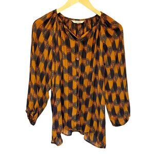 Tucker Burnt Orange & Black Print Button Front Silk Top - size Small